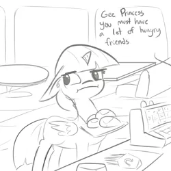 Size: 1650x1650 | Tagged: safe, artist:tjpones, derpibooru import, twilight sparkle, twilight sparkle (alicorn), alicorn, pony, :i, burger, cash register, dialogue, ear fluff, fast food, floppy ears, food, french fries, grayscale, looking away, monochrome, restaurant, simple background, solo, tablet, that pony sure does love burgers, tray, twilight burgkle, twilight is not amused, unamused, white background