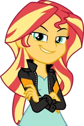 Size: 3000x4453 | Tagged: safe, artist:ambassad0r, derpibooru import, sunset shimmer, equestria girls, friendship games, absurd resolution, breasts, clothes, crossed arms, cute, female, jacket, leather jacket, looking at you, shirt, simple background, smiling, smug, smugset shimmer, solo, transparent background, vector