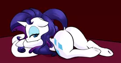 Size: 2000x1045 | Tagged: suggestive, artist:hidden-cat, derpibooru import, rarity, pony, unicorn, adorasexy, bed, cute, dock, female, looking back, mare, pillow, plot, raised tail, rearity, sexy, solo, solo female, stupid sexy rarity, tail