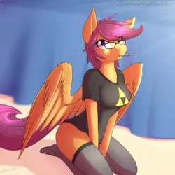 Size: 2000x2000 | Tagged: adorasexy, anthro, artist:silverfox057, ask, ask nerdy scootaloo, bottomless, breasts, busty scootaloo, clothes, colored pupils, cute, cutealoo, derpibooru import, female, food, gamerloo, glasses, kneeling, looking at you, mare, nintendo, older, partial nudity, pegasus, pocky, scootaloo, sexy, shirt, socks, solo, solo female, stockings, suggestive, the legend of zelda, thigh highs, triforce, tumblr, wing fluff