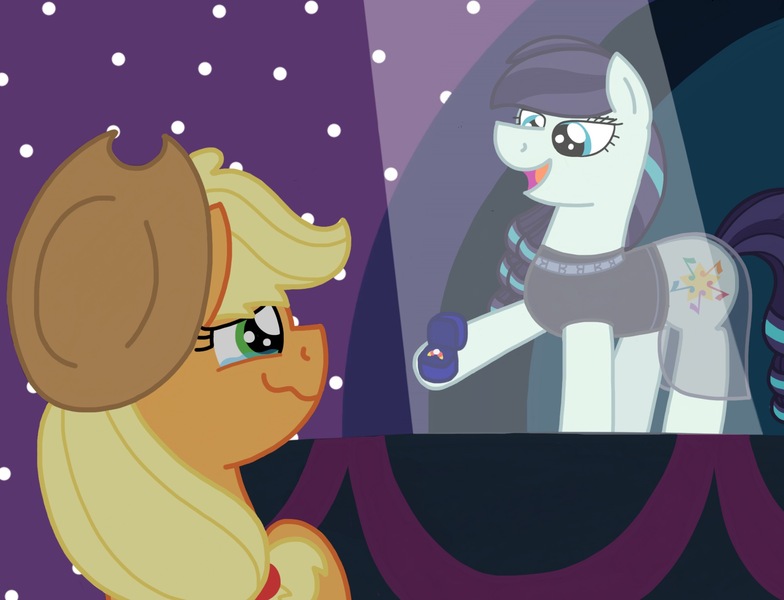 Size: 2008x1536 | Tagged: safe, artist:kindheart525, derpibooru import, applejack, coloratura, earth pony, pony, crying, engagement ring, female, lesbian, looking at each other, mare, marriage proposal, rarajack, ring, shipping, stage