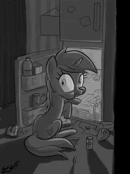 Size: 1199x1600 | Tagged: safe, artist:soshyqqq, derpibooru import, lyra heartstrings, pony, unicorn, caught, eating, food, grayscale, looking back, midnight snack, monochrome, refrigerator, sitting, solo, wide eyes