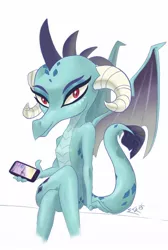 Size: 958x1422 | Tagged: artist:soshyqqq, derpibooru import, dragon, looking at you, phone, princess ember, safe, simple background, solo, white background
