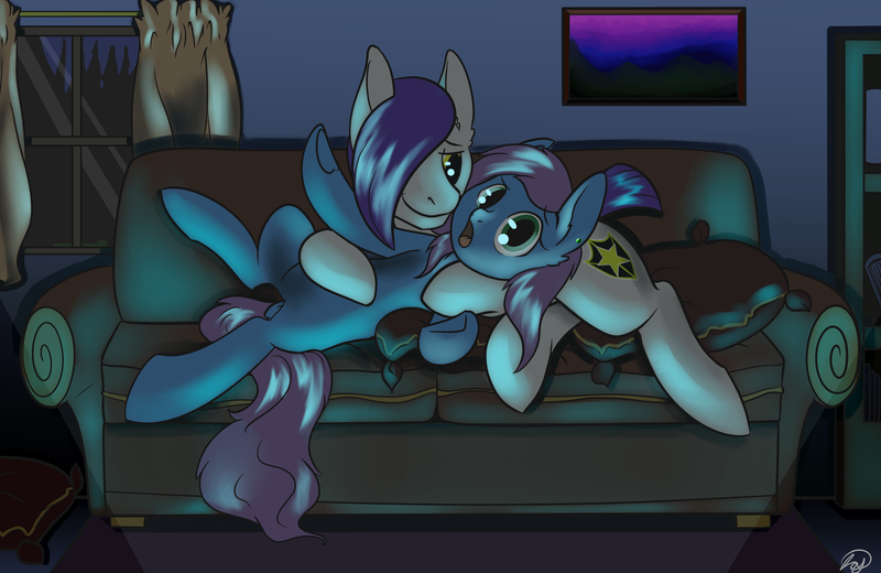 Size: 7262x4717 | Tagged: safe, artist:roy, derpibooru import, oc, oc:dark star, oc:roxy impelheart, unofficial characters only, pony, absurd resolution, couch, couple, cuddling, cutie mark, duo, ear piercing, night, oc x oc, piercing, shipping, television, watching tv