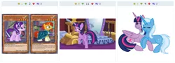 Size: 778x283 | Tagged: safe, artist:midnightamber, artist:rogueheart101, derpibooru import, edit, edited screencap, screencap, starlight glimmer, sunburst, trixie, twilight sparkle, twilight sparkle (alicorn), alicorn, pony, unicorn, derpibooru, female, lesbian, male, mare, meta, shipping, twixie, yu-gi-oh!, yugioh card