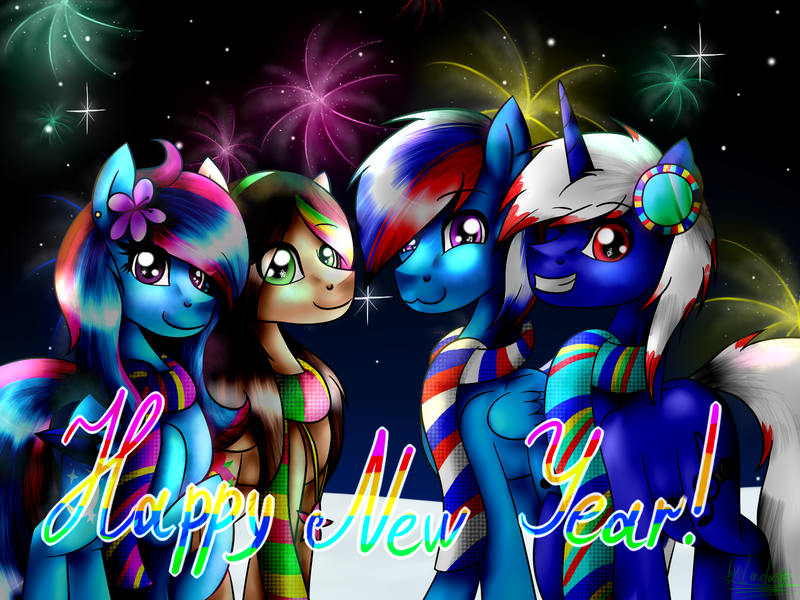 Size: 1600x1200 | Tagged: safe, artist:lada03, derpibooru import, oc, oc:lada cuantica, unofficial characters only, pegasus, pony, unicorn, clothes, female, fireworks, grin, group photo, happy new year, holiday, looking at you, male, mare, new year, scarf, smiling, stallion