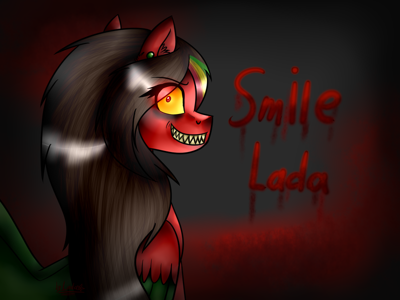 Size: 1600x1200 | Tagged: semi-grimdark, artist:lada03, derpibooru import, oc, oc:lada cuantica, unofficial characters only, pony, blood, bust, colored wings, creepy, creepy grin, ear fluff, ear piercing, earring, grin, jewelry, looking at you, looking back, looking back at you, multicolored wings, piercing, sharp teeth, shrunken pupils, smiling, solo, teeth