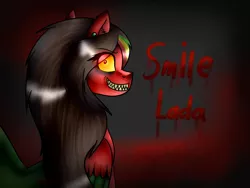 Size: 1600x1200 | Tagged: semi-grimdark, artist:lada03, derpibooru import, oc, oc:lada cuantica, unofficial characters only, pony, blood, bust, colored wings, creepy, creepy grin, ear fluff, ear piercing, earring, grin, jewelry, looking at you, looking back, looking back at you, multicolored wings, piercing, sharp teeth, shrunken pupils, smiling, solo, teeth