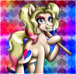 Size: 1234x1200 | Tagged: safe, artist:lada03, derpibooru import, ponified, earth pony, pony, abstract background, baseball bat, creepy, creepy grin, ear piercing, earring, female, grin, harley quinn, heart eyes, jewelry, looking at you, mare, piercing, pigtails, smiling, solo, twintails, wingding eyes