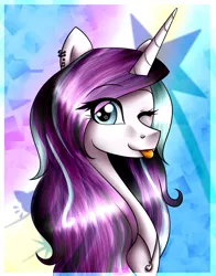 Size: 907x1159 | Tagged: safe, artist:lada03, derpibooru import, oc, oc:magical brownie, unofficial characters only, pony, unicorn, :p, abstract background, bust, ear piercing, earring, female, jewelry, looking at you, mare, necklace, one eye closed, piercing, portrait, solo, tongue out, wink
