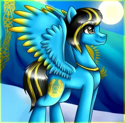 Size: 1213x1200 | Tagged: safe, artist:lada03, derpibooru import, ponified, pegasus, pony, female, flag, kazakhstan, mare, nation ponies, smiling, solo, spread wings, sun, wings