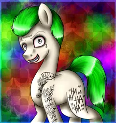 Size: 1105x1167 | Tagged: safe, artist:lada03, derpibooru import, ponified, earth pony, pony, abstract background, body writing, creepy, creepy grin, crossover, grin, looking at you, male, shrunken pupils, smiling, solo, stallion, suicide squad, tattoo, the joker