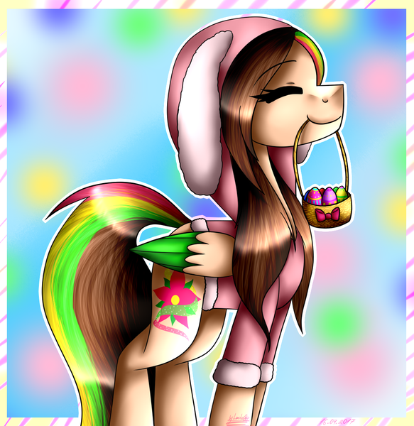 Size: 1073x1105 | Tagged: safe, artist:lada03, derpibooru import, oc, oc:lada cuantica, unofficial characters only, pegasus, pony, abstract background, animal costume, basket, bunny costume, clothes, costume, easter, easter egg, eyes closed, female, happy, holiday, mare, mouth hold, solo