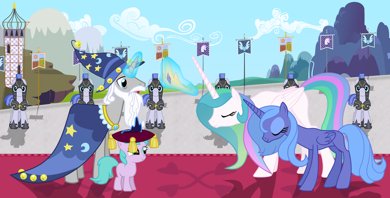 Size: 4000x2040 | Tagged: artist needed, source needed, safe, derpibooru import, princess celestia, princess luna, star swirl the bearded, pegasus, pony, alternate hairstyle, armor, blank flank, bowing, canterlot, carpet, cloud, commander hurricane guard, coronation, crown, crown pillow, earth pony flag, female, filly, flag, jewelry, mountain, pegasus flag, pegasus royal guard, pillow, regalia, royal guard, s1 luna, scaffolding, scenery, tower, unicorn flag, younger