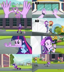 Size: 1280x1440 | Tagged: safe, derpibooru import, screencap, apple bloom, bon bon, lyra heartstrings, scootaloo, spike, starlight glimmer, sunset shimmer, sweetie belle, sweetie drops, twilight sparkle, dog, equestria girls, equestria girls (movie), mirror magic, spoiler:eqg specials, comparison, cutie mark crusaders, discovery family logo, hand, humans doing horse things, spike the dog