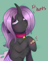 Size: 1500x1900 | Tagged: artist:hedgehog, bandaid, bell, bell collar, blushing, changeling, changeling oc, collar, cute, derpibooru import, oc, oc:fluffy fang, safe, unofficial characters only