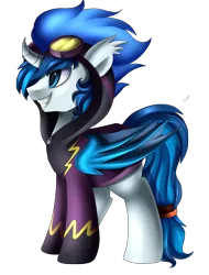 Size: 1928x2543 | Tagged: safe, artist:pridark, derpibooru import, oc, oc:sparky storm, unofficial characters only, alicorn, bat pony, bat pony alicorn, pony, bat pony oc, clothes, commission, costume, goggles, male, shadowbolts costume, simple background, solo, transparent background
