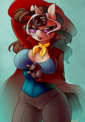 Size: 840x1200 | Tagged: suggestive, artist:atryl, artist:siden, derpibooru import, oc, oc:carmen pondiego, ponified, anthro, big breasts, breasts, carmen sandiego, clothes, collaboration, female, hat, mare, solo, solo female, sunglasses