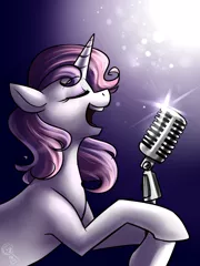 Size: 750x1000 | Tagged: safe, artist:its-gloomy, derpibooru import, sweetie belle, pony, unicorn, eyes closed, female, mare, microphone, older, solo