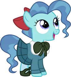 Size: 1001x1092 | Tagged: safe, artist:cloudyglow, derpibooru import, petunia paleo, earth pony, pony, bow, clothes, clothes swap, cosplay, costume, crossover, cute, disney, female, filly, foal, hair bow, hnnng, olivia flaversham, open mouth, petuniabetes, smiling, solo, standing, the great mouse detective