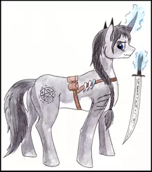 Size: 592x672 | Tagged: safe, artist:veda, derpibooru import, oc, ponified, unofficial characters only, pony, unicorn, braid, furryguys, magic, male, scar, simple background, solo, sword, traditional art, watercolor painting, weapon