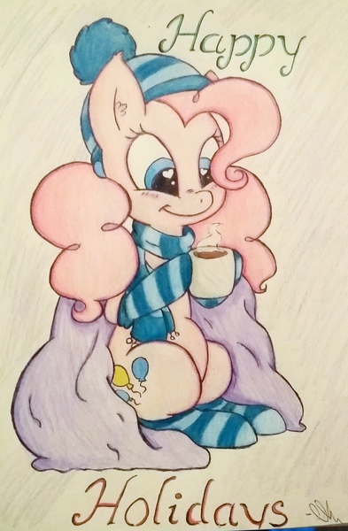 Size: 1659x2530 | Tagged: safe, artist:gingerthefox, derpibooru import, pinkie pie, earth pony, pony, 4chan, blanket, chocolate, clothes, drawthread, female, food, hat, heart eyes, hoof hold, hot chocolate, mare, mug, scarf, sitting, smiling, socks, solo, striped socks, traditional art, wingding eyes