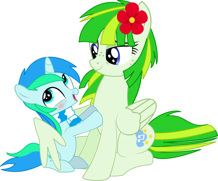 Size: 8222x6801 | Tagged: safe, artist:cyanlightning, derpibooru import, oc, oc:cyan lightning, oc:green lightning, unofficial characters only, pegasus, pony, unicorn, .svg available, absurd resolution, blushing, clothes, duo, female, flower, flower in hair, freckles, hug, male, mother and son, scarf, simple background, transparent background, vector, winghug