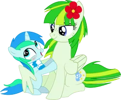 Size: 8222x6801 | Tagged: safe, artist:cyanlightning, derpibooru import, oc, oc:cyan lightning, oc:green lightning, unofficial characters only, pegasus, pony, unicorn, .svg available, absurd resolution, blushing, clothes, duo, female, flower, flower in hair, freckles, hug, male, mother and son, scarf, simple background, transparent background, vector, winghug