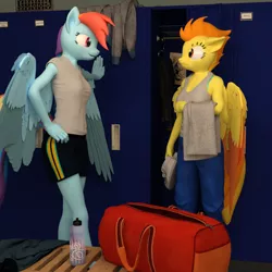 Size: 1500x1500 | Tagged: 3d, anthro, artist:tahublade7, clothes, commission, daz studio, derpibooru import, duffle bag, female, flirting, lesbian, locker room, lockers, mare, rainbow dash, safe, shipping, shorts, spitdash, spitfire, towel, water bottle