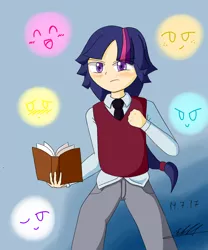 Size: 1000x1200 | Tagged: safe, artist:neutralchilean, derpibooru import, twilight sparkle, human, blushing, book, clothes, dusk shine, humanized, looking at you, pants, rule 63, shirt, vest
