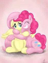 Size: 3000x4000 | Tagged: safe, artist:truffle shine, derpibooru import, fluttershy, pinkie pie, earth pony, pegasus, pony, duo, duo female, female, flutterpie, friendshipping, hug, mare, signature, sitting, smiling, winghug, wings