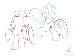 Size: 3200x2400 | Tagged: safe, artist:truffle shine, derpibooru import, rainbow dash, twilight sparkle, pegasus, pony, unicorn, colored lineart, duo, female, friendshipping, lineart, mare, signature, simple background, transparent background, twidash