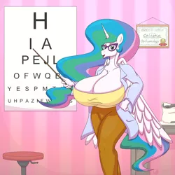 Size: 2246x2250 | Tagged: suggestive, artist:gunpowdergreentea, derpibooru import, princess celestia, alicorn, anthro, pony, big breasts, breasts, busty princess celestia, certificate, cleavage, clothes, ethereal mane, ethereal tail, eye chart, eye exam, female, flowing mane, flowing tail, glasses, hand on hip, hospital, huge breasts, impossibly large breasts, lab coat, mare, multicolored mane, multicolored tail, oculist, ophthalmologist, pants, smiling, solo, solo female, stool, test, vision, wings