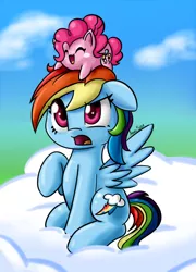 Size: 540x748 | Tagged: safe, artist:arielsbx, derpibooru import, pinkie pie, rainbow dash, pony, backwards cutie mark, chubbie, cloud, confused, cute, diapinkes, open mouth, pinkieball, smol