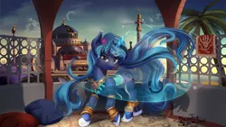 Size: 1920x1080 | Tagged: safe, artist:discordthege, derpibooru import, oc, oc:moonlight silk, unofficial characters only, pony, unicorn, ankle bracelet, arabic, belly dancer, clothes, commission, female, flower, flower in hair, jewelry, looking at you, magic, mare, minaret, necklace, not hagia sophia, not luna, palace, scenery, smiling, solo