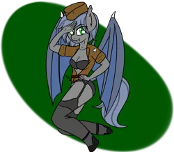 Size: 1373x1200 | Tagged: suggestive, artist:eclipsepenumbra, derpibooru import, oc, oc:eclipse penumbra, unofficial characters only, anthro, bat pony, unguligrade anthro, bat pony oc, breasts, clothes, green eyes, lingerie, pinup, salute, uniform