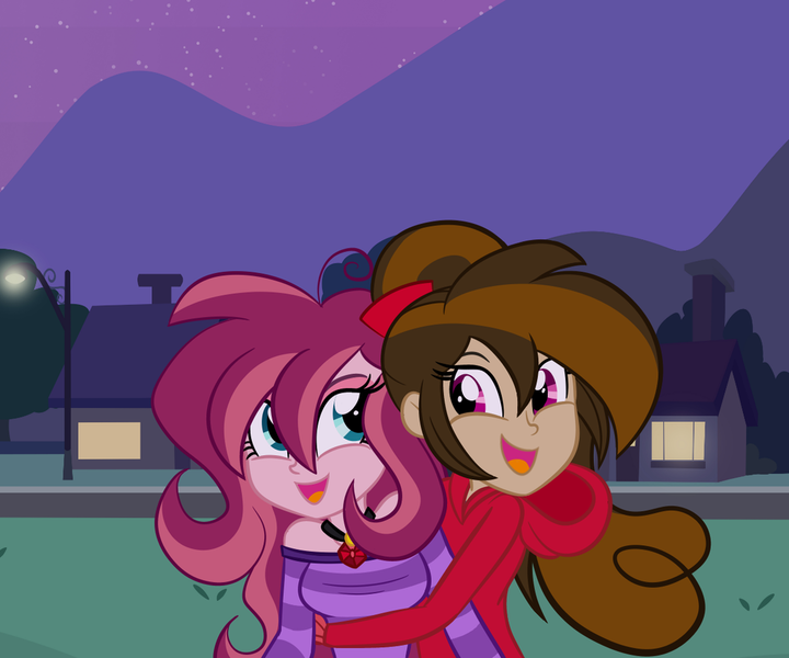 Size: 1024x853 | Tagged: safe, artist:wubcakeva, derpibooru import, oc, oc:contralto, oc:cupcake slash, unofficial characters only, equestria girls, clothes, disguised siren, female, gem, hoodie, hug, lesbian, night, siren gem