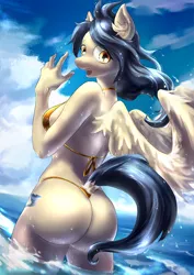 Size: 527x744 | Tagged: anthro, artist:jumperkit, ass, bikini, breasts, clothes, derpibooru import, dock, female, gold swimsuit, looking at you, looking back, looking back at you, oc, ocean, pegasus, sexy, solo, spread wings, string bikini, suggestive, swimsuit, thong swimsuit, unofficial characters only, wings