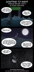 Size: 960x2000 | Tagged: safe, artist:terminuslucis, derpibooru import, changeling, drider, hengstwolf, monster pony, original species, pony, spiderpony, werewolf, comic:adapting to night, comic:adapting to night: friends return, comic, moon, spider web