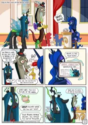 Size: 955x1351 | Tagged: safe, artist:mysticalpha, derpibooru import, discord, princess luna, queen chrysalis, alicorn, changeling, changeling queen, draconequus, pony, comic:day in the lives of the royal sisters, bowtie, clothes, comic, crown, dialogue, female, frown, hat, hilarious in hindsight, horseshoes, id card, jewelry, magic, mare, mobile phone, peytral, phone, regalia, reversalis, silhouette, speech bubble, suit, telekinesis, top hat