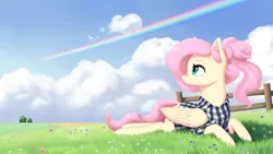 Size: 2000x1125 | Tagged: safe, artist:mrscroup, derpibooru import, fluttershy, pegasus, pony, alternate hairstyle, clothes, cloud, cute, female, flower, flower field, folded wings, grass, grass field, head turn, implied rainbow dash, looking away, looking back, looking up, mare, outdoors, prone, shirt, shyabetes, sky