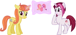 Size: 4655x2171 | Tagged: safe, artist:ironm17, derpibooru import, cayenne, citrus blush, pony, absurd resolution, blushing, citruyenne, eyes closed, female, lesbian, love, mare, pillow, shipping, simple background, smiling, transparent background, vector