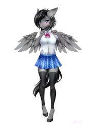 Size: 2952x4133 | Tagged: absurd resolution, anthro, anthro oc, artist:madbunnydesu, blushing, clothes, commission, cute, derpibooru import, female, looking at you, mare, moe, oc, pegasus, plaid, pleated skirt, safe, school uniform, simple background, skirt, spread wings, stockings, thigh highs, unguligrade anthro, unofficial characters only, wings, zettai ryouiki