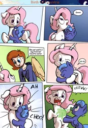 Size: 1280x1853 | Tagged: safe, artist:shieltar, derpibooru import, princess celestia, princess luna, oc, oc:grace harmony, pony, comic:birth of equestria, celestia is not amused, cewestia, comic, cute, dialogue, disgusted, female, filly, filly celestia, filly luna, hug, karma, lunabetes, pink-mane celestia, sneezing, snot, winged human, woona, younger