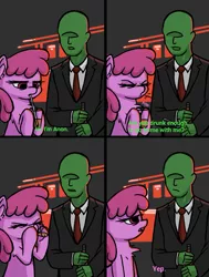 Size: 720x951 | Tagged: safe, artist:plunger, derpibooru import, berry punch, berryshine, oc, oc:anon, ponified, earth pony, human, pony, clothes, comic, cup, dialogue, drawthread, drinking, drunk, eye contact, looking at each other, my name is earl, necktie, shirt, straw, subtitles, suit