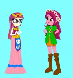 Size: 640x680 | Tagged: safe, artist:eli-j-brony, artist:selenaede, derpibooru import, gloriosa daisy, moondancer, equestria girls, blue background, crossover, equestria girls-ified, hyrule warriors, linkle, nintendo, princess zelda, simple background, the legend of zelda, toon zelda