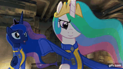 Size: 640x360 | Tagged: safe, artist:2snacks, derpibooru import, princess celestia, princess luna, pony, two best sisters play, animated, blood, clothes, fallout 4, gif, jumpsuit, lightly watermarked, muna, patlestia, punch, stomping, vault suit, watermark