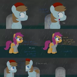 Size: 3840x3840 | Tagged: safe, artist:jake heritagu, derpibooru import, chip mint, rain catcher, scootaloo, oc, oc:clearwater, pony, comic:ask motherly scootaloo, ask-rain-catcher, cemetery, comic, crying, grave, gravestone, hairpin, motherly scootaloo, rain, sweatshirt