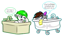 Size: 1024x596 | Tagged: safe, artist:whitehershey, derpibooru import, oc, oc:bing, oc:breezy, unofficial characters only, earth pony, pony, bathtub, bingzy, dialogue, female, male, mare, open mouth, simple background, speech bubble, stallion, transparent background