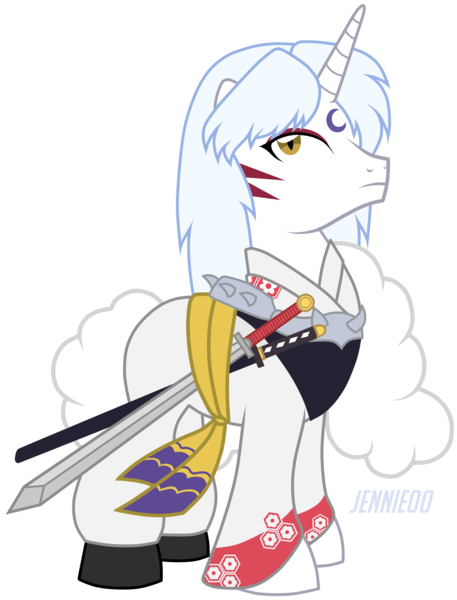 Size: 3045x4000 | Tagged: safe, artist:jennieoo, derpibooru import, ponified, demon, demon pony, pony, unicorn, anime, clothes, crossover, inuyasha, male, sesshoumaru, simple background, solo, stallion, sword, transparent background, weapon